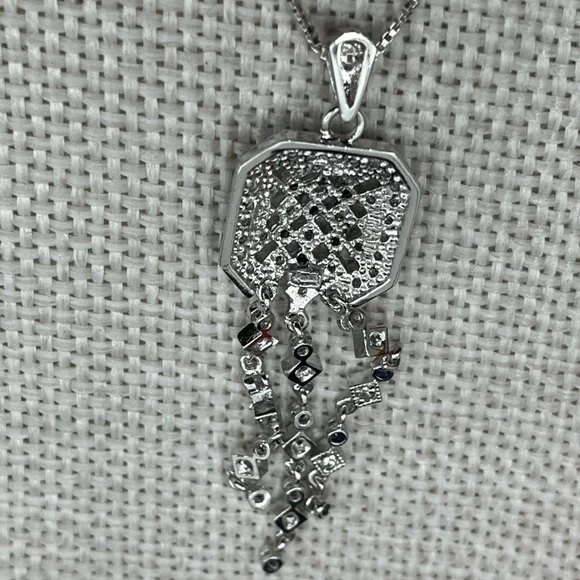 Technibond Platinum Sterling Silver & Blue Sapphire CZ Pendant Necklace - Picture 6 of 17